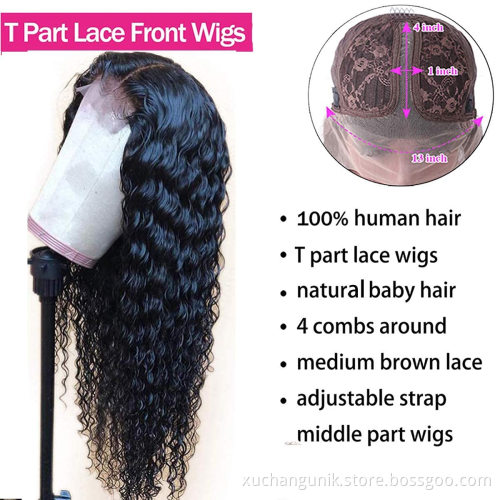 Uniky  best selling Water Wave deep curly T Part Lace Wig indian Lace Part Remy Human Hair Wigs For Black Women